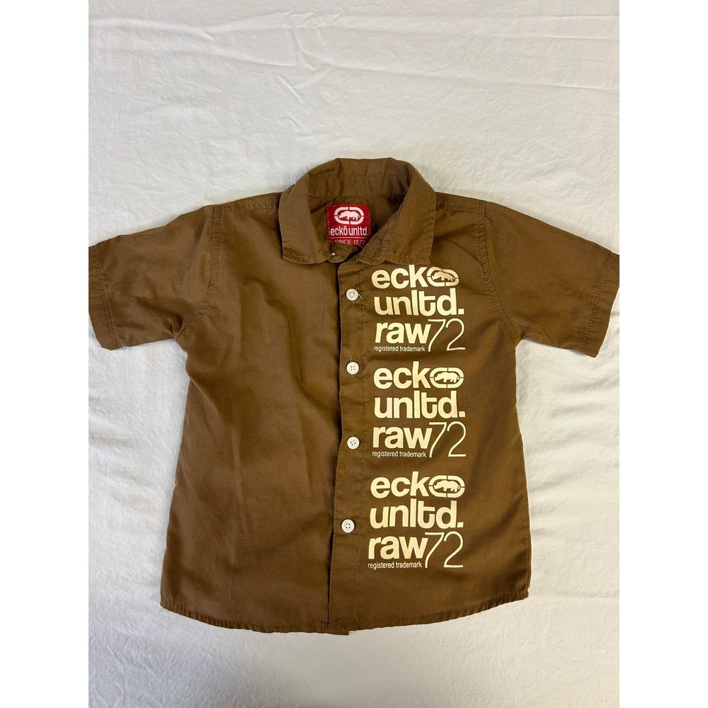 Y2K Ecko Unltd Kids Brown Short Sleeve Button Down Graphic Shirt Size 4 Raw 72